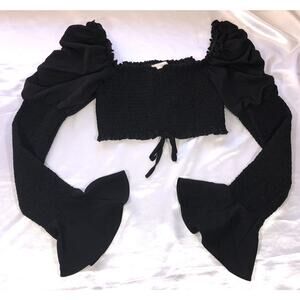 O Vianca Cropped Smocked Puff Bell Sleeve Whimsygoth Milkmaid Black Top Sz M